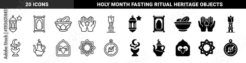 Islamic ramadan celebration hybrid symbols featuring lantern with star and prayer hands with geometric motifs in outline and solid dual style