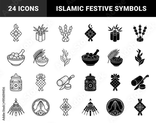 Monochrome Islamic celebration collection featuring ketupat motifs integrated with traditional food bamboo lemang and satay skewers in dual outline and solid styles