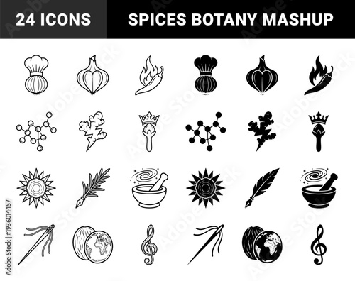 Symmetric culinary and botanical hybrid symbols featuring chili flame ginger bolt clove crown and herbal mortar mashups in outline and solid styles