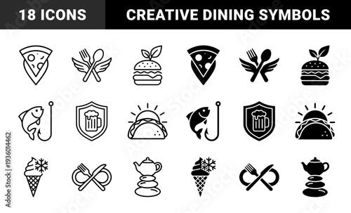 Abstract food and beverage symbols merging restaurant elements with conceptual metaphors like pizza map pins burger plants and beer shields
