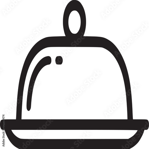 Illustration of a covered serving dish with a round handle in black outline style on white background