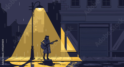 Lone Musician Playing Guitar Under Streetlight.