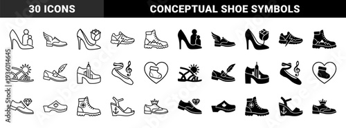Hybrid footwear concept featuring shoes merged with symbolic metaphors like wings mountains musical notes and anchors in linear and solid styles