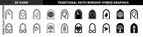 Collection of minimalist islamic arch symbols featuring hybrid spiritual elements including crescent moon star prayer bead tree leaf heart and flame