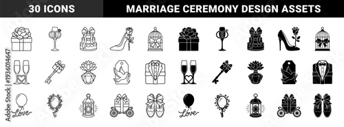 Hybrid Wedding and Romance Symbols Combining Formal Attire with Celebration Elements in Minimalist Outline and Solid Dual Style Graphics