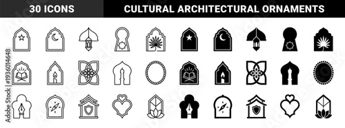 Islamic Architectural Ornaments and Cultural Symbols Merged with Geometric Minimalism Featuring Arches Lanterns Moons and Calligraphy Elements