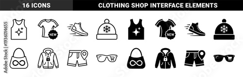 Hybrid apparel and retail commerce icons featuring integrated symbols for tracking security sustainability and new arrivals in outline and solid styles