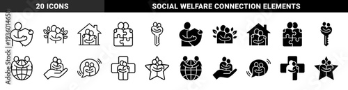 Monochrome interpersonal care and support hybrid symbols featuring human figures integrated with protective shields houses puzzle pieces and healthcare crosses
