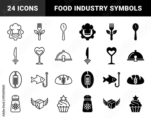 Hybrid culinary symbols merging kitchen utensils with conceptual elements like gears clocks and organic leaves in line and solid styles