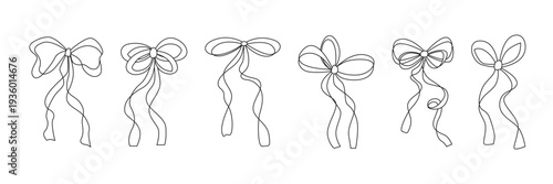 Coquette bow outline set. Elegant ribbon bowknot collection. Scrapbook line art element . Girl accessory sketch. Ideal for invitations, planner, holiday decor, package, DIY project, sticker, card
