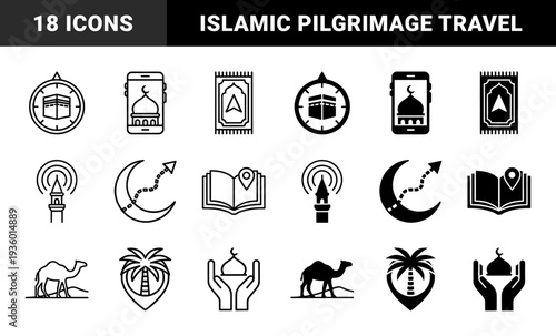 Islamic travel and pilgrimage hybrid icons featuring kaaba compass prayer rug navigation quran location and mosque mobile integration in solid and line styles