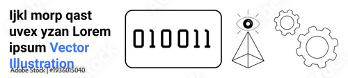Information systems, coding, digital design, data management, security, and technology concepts. Binary code with pyramid eye, gears and text placeholder. Data management and coding symbolism