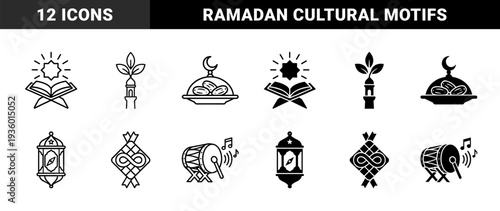 Islamic religious symbols featuring hybrid designs of quran with star and minaret with organic leaf motifs in outline and solid versions