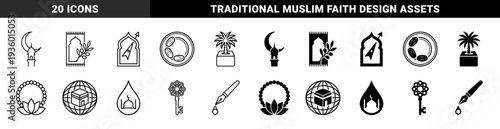 Islamic Cultural Symbols Merged with Nature and Navigation Elements Featuring Crescent Moon Mosque Prayer Mat Olive Branch and Qibla Compass Designs