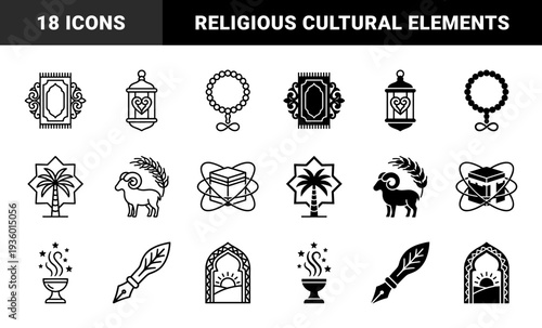 Islamic heritage symbol collection featuring hybrid motifs with prayer rug lantern rosary palm tree ram kaaba incense burner quill dawn window and charity box