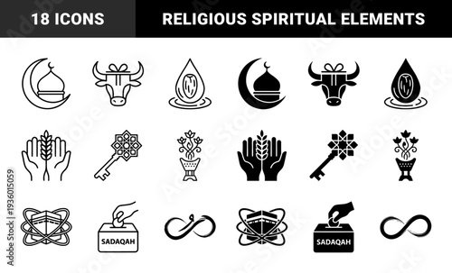 Islamic spiritual hybrid icons merging religious symbols with geometric elements featuring crescent mosque bull date fruit wheat and kaaba