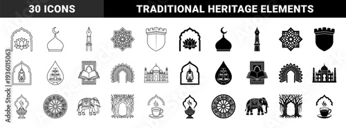 Traditional Indian and Islamic cultural symbols featuring hybrid motifs such as taj mahal incense burner lotus arch and elephant in outline and silhouette style