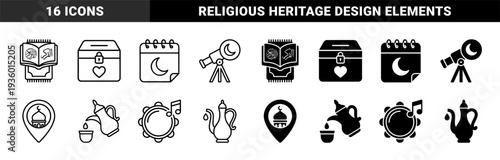 Islamic heritage and ramadan traditions line and solid hybrid icons featuring quran prayer rug lunar calendar telescope mosque location and dallah