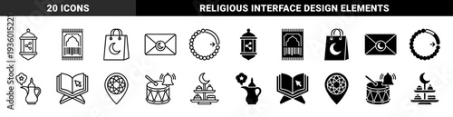 Islamic Ramadan symbols merged with digital interface elements featuring prayer rug barcode and lantern share icon in linear and solid styles