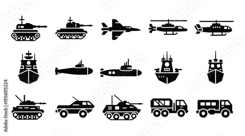 Military Combat Vehicles and Heavy Armament Icon Set