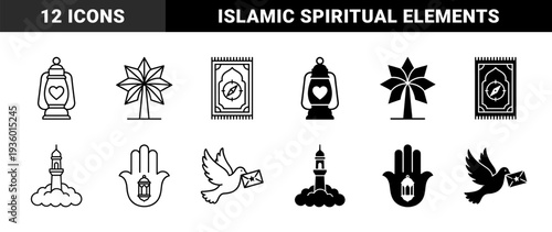 Islamic cultural hybrid symbols featuring prayer rug with compass and hamsa hand with lantern in minimalist outline and solid black style