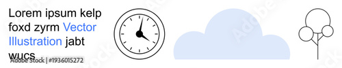 Time management, environmental awareness, nature, simplicity, schedules, weather concepts. Clock with time displayed, blue cloud minimalist tree outline. Time management and environmental awareness