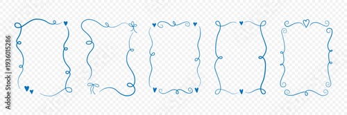 Collection of whimsical line art frames in blue ink style. Romantic doodle border set. Cute curly frames. Curved decorative borders with heart bow accents. Template for cards, posters, banner, label