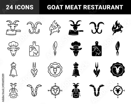 Hybrid goat and butchery tool symbols merging livestock silhouettes with cleavers knives and cooking utensils for organic meat shop branding