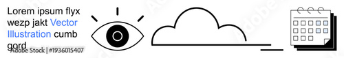 Technology, data management, scheduling, cloud storage, vision, productivity. A minimal black eye, a cloud and a calendar. Technology and data management concepts