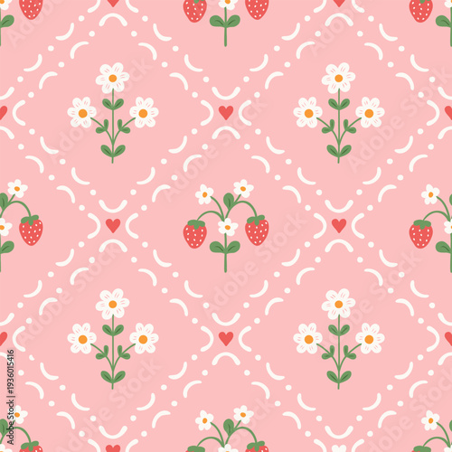 Coquette seamless pattern with strawberry and chamomile flowers in decorative frames. Cute summer spring pink background in floral doodles. Vector illustration for textile, baby clothes, wallpaper.