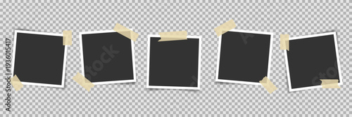 Set of five blank photo frames with adhesive tape strips. Empty instant camera photos with masking tape overlays. Great for wedding and travel layouts, digital collage, photo album, social media