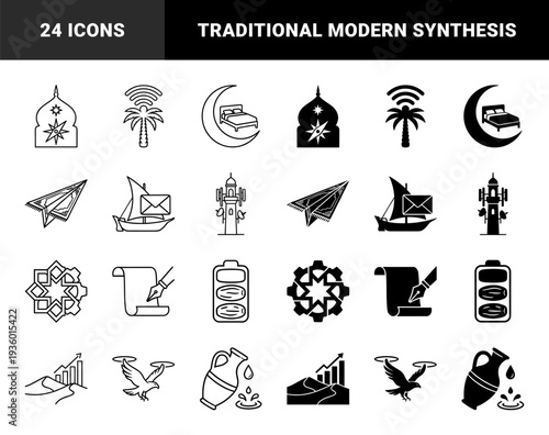 Collection of hybrid middle eastern symbols merging traditional culture with modern technology featuring palm wifi and compass mosque architecture