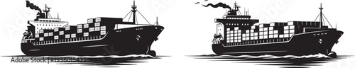 Two black silhouette cargo container ships sailing on the water, symbolizing global logistics and trade.