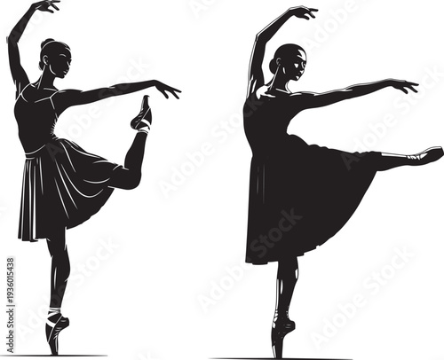 Two elegant black silhouettes of ballerinas performing graceful poses en pointe in ballet shoes.