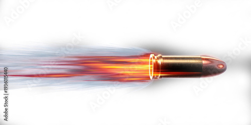 Bullet flying fast leaving trail of fire and smoke on transparent background