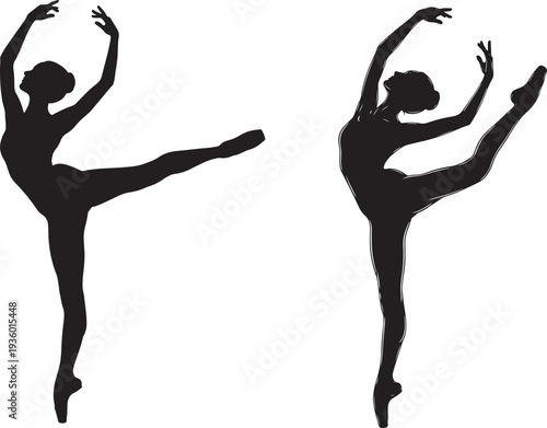 Dynamic black silhouettes of two ballerinas in mid-performance, showcasing poise and athletic artistry.