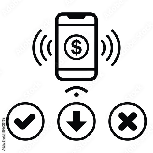 Phone and money symbol collection representing mobile payment system, cashless transaction, banking app finance management, smartphone currency transfer, and modern digital economy design.