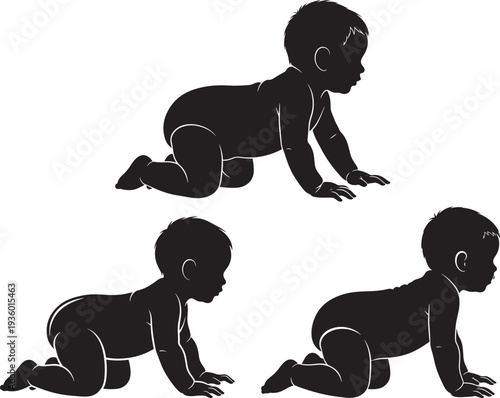 Three black silhouette illustrations of babies crawling in different positions, capturing early development.