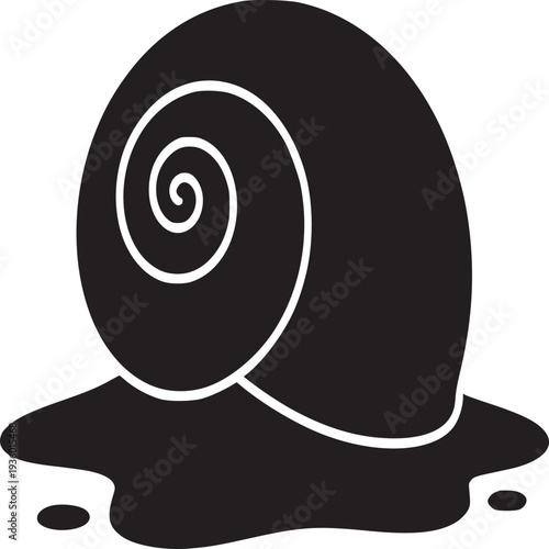 A black and white silhouette of a snail with a spiral shell and a trail on a white background image