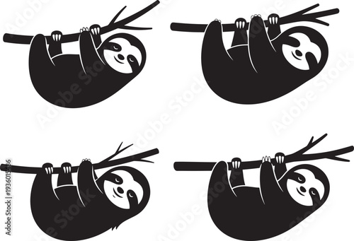 Set of four stylized sloth illustrations hanging from tree branches, perfect for children's books, educational materials, or fun graphic design elements.
