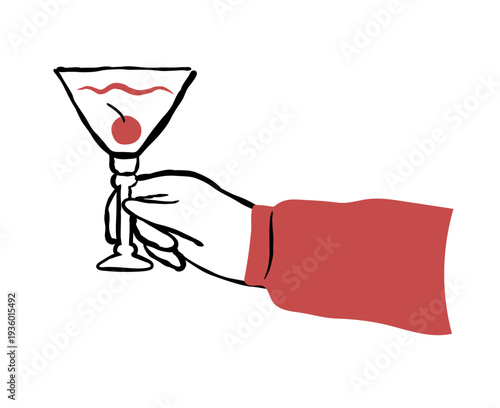 Hand drink sim Minimalist Hand Drawn Vector Illustration of a Hand Holding a Martini Glass with a CherrySTOCK