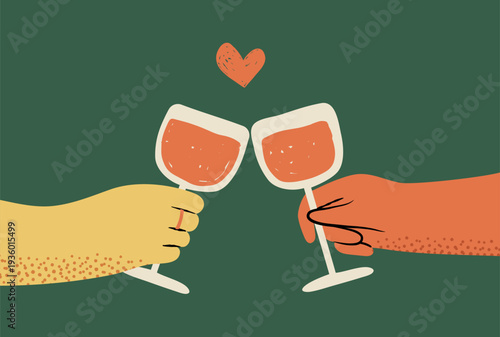 Clinking Wine Glasses with Small Heart for Romantic Toast or Wedding Celebration. Cute hand-drawn retro vector illustration.