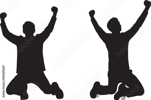 Black Silhouettes of Two Celebratory Men on Knees with Arms Raised in Victory, Isolated on White