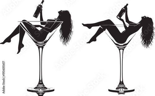 Glamorous Silhouettes of Two Women Lounging in Martini Glasses with Wine Bottles, Isolated on White
