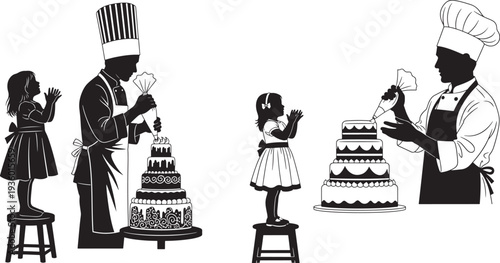 Bakers and Children Decorating Cakes: Silhouettes of Chefs and Kids Piping Icing on Pastries, Isolated