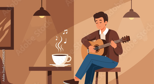 Man playing acoustic guitar in a cozy cafe setting.