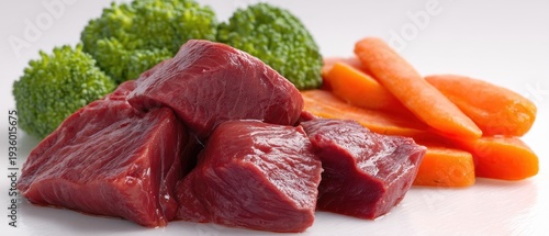 Raw meat with vegetables including broccoli and carrots on a white surface