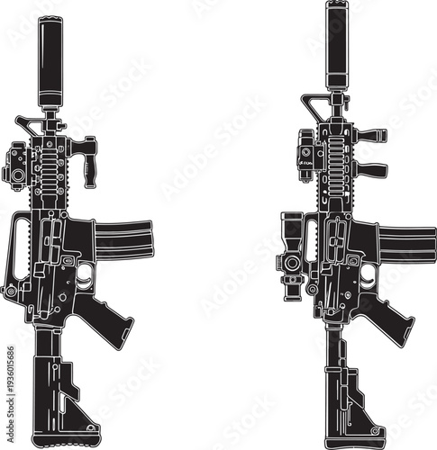 Modern Assault Rifles in Silhouette: Two Stylized Firearms with Scopes and Suppressors, Isolated on White