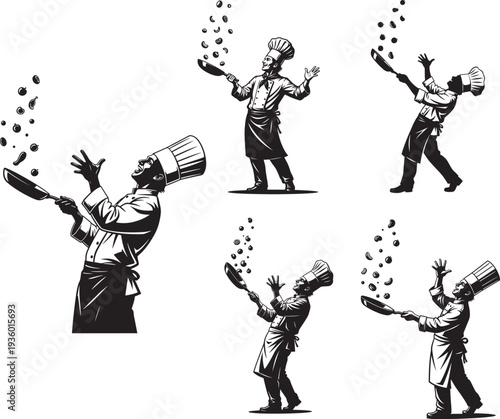 Dynamic Chef Silhouettes Juggling Frying Pans and Food, Energetic Cooking Action Illustrations