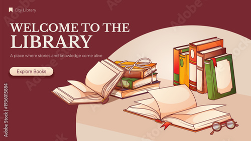 Library website banner with books. Modern landing page template for reading concept, education and knowledge, for library platform, bookstore. Vector illustration